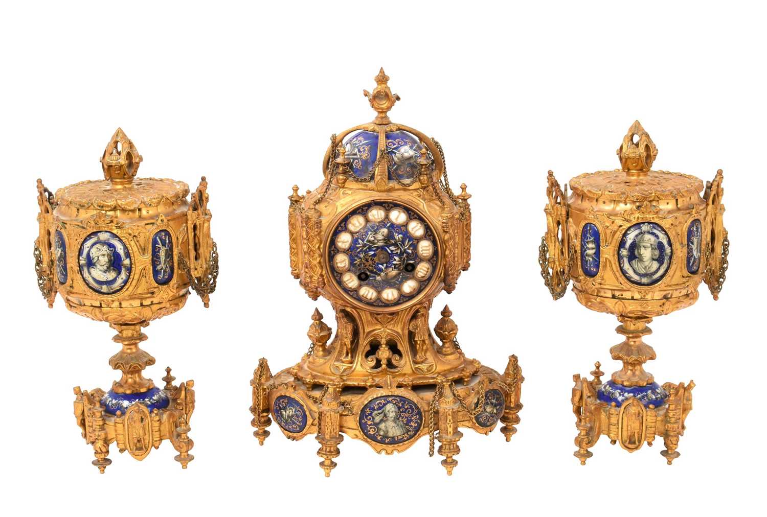 Lot 639 - 19th century French ormolu three piece clock set with inset enamelled panels depicting military figures