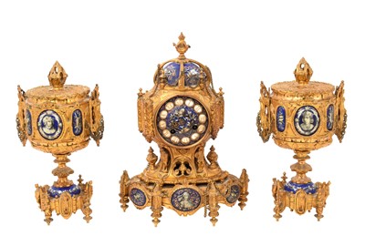Lot 19th century French ormolu three piece clock set with inset enamelled panels depicting military figures