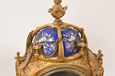 Lot 639 - 19th century French ormolu three piece clock set with inset enamelled panels depicting military figures