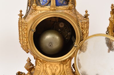 Lot 639 - 19th century French ormolu three piece clock set with inset enamelled panels depicting military figures