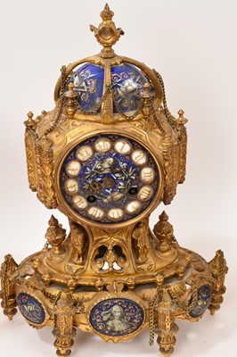 Lot 639 - 19th century French ormolu three piece clock set with inset enamelled panels depicting military figures