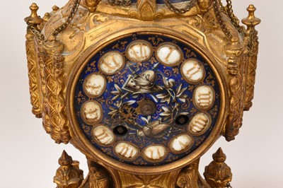 Lot 639 - 19th century French ormolu three piece clock set with inset enamelled panels depicting military figures