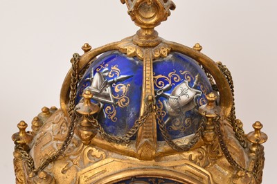 Lot 639 - 19th century French ormolu three piece clock set with inset enamelled panels depicting military figures