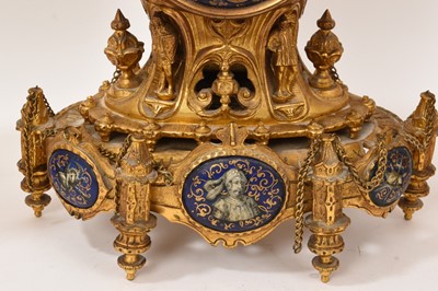 Lot 639 - 19th century French ormolu three piece clock set with inset enamelled panels depicting military figures