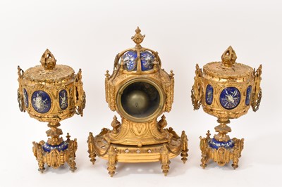 Lot 639 - 19th century French ormolu three piece clock set with inset enamelled panels depicting military figures