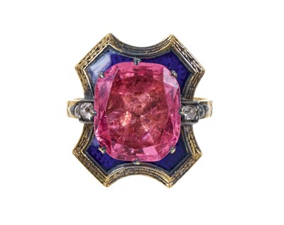 Lot 409 - Unusual antique natural pink spinel and blue enamel ring with cert