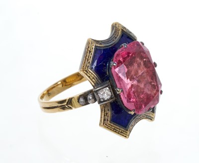 Lot 409 - Unusual antique natural pink spinel and blue enamel ring with cert