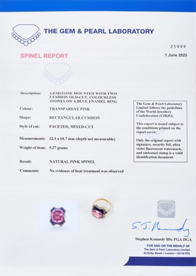 Lot 409 - Unusual antique natural pink spinel and blue enamel ring with cert