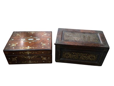 Lot 238 - A maghogany veneered with brass inlay tea caddy together with a mahogany inlaid with brass and mother of pearl sowing box