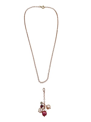 Lot 1147 - Cultured pearl and bead cluster pendant on 9ct rose gold chain