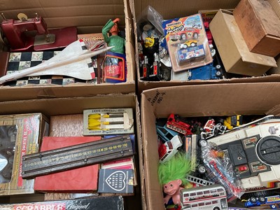 Lot 326 - Quantity of toys, board games, other games, cars, Merrythought tiger etc (6 boxes)
