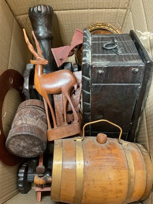 Lot 327 - Group of carved hardwood African figures, wooden trays and other treen items (2 boxes)