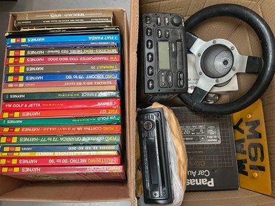 Lot 328 - Collection of various car owners workshop manuals, tool box containing hand tools, various car parts etc
