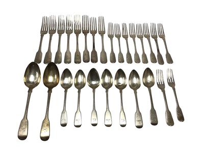 Lot 393 - Group of Georgian silver fiddle pattern flatware