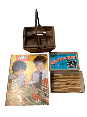 Lot 254 - A group of items to include antique vintage cardboard Lego mat, a Connectors building set, a wooden basket and other