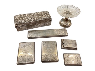 Lot 1173 - Victorian silver dressing table box, group of silver lids and a cut glass and silver mounted glass pedestal dish