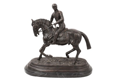 Lot 909 - After Pierre Jules Mène (1810-1879) bronze sculpture - Horse and Jockey, on oval marble base