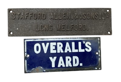 Lot 72 - Vintage enamel sign- overalls' yard and a cast iron plaque, the enamel sign 31.5 x 14cm, (2)