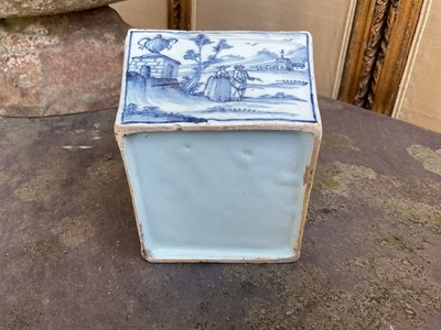 Lot 8 - 18th / 19th century blue and white delftware flower vase, of square tapering form, painted with figures in a landscape, 9.25cm high