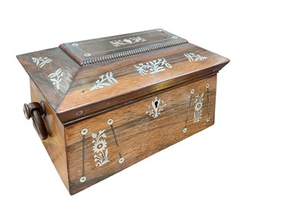 Lot 524 - William IV rosewood tea caddy of sarcophagus form with inlaid mother of pearl decoration, with label to interior 'manufactured by J. Johnston & Co, 48 St. Vincent Street, Glasgow', 24cm in o...
