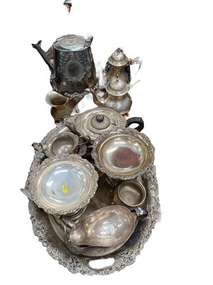 Lot 527 - Group of assorted silver plated wares to include an oval tray, spirit kettle and other items.