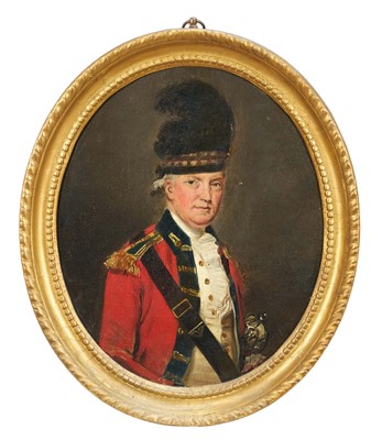 Lot 1029 - English School, early 19th century, oil on canvas - oval portrait of an Officer of the Scots Fusiliers Guards, 30cm x 24.5cm, in gilt frame