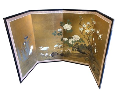 Lot 273 - Japanese four fold screen with floral decoration with black and white patterned back