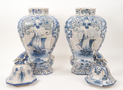 Lot 85 - Large pair of Dutch Delft blue and white vases and covers