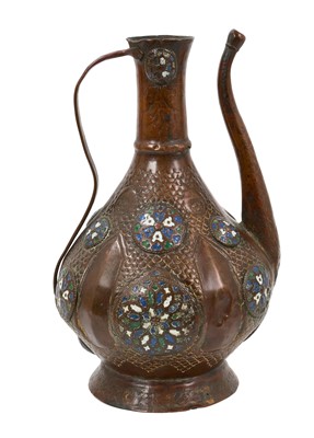 Lot 726 - Antique Ottoman Empire tombak ewer with enamelled decoration