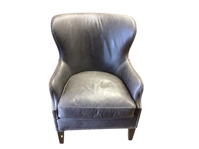 Lot 1409 - Pair of good quality grey leather armchairs with studded decoration, 76cm wide, 88cm deep, 99cm high