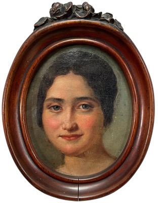 Lot 1031 - Continental School, 19th century, oval oil on board - Portrait of a Lady, 13cm x 11cm, in carved mahogany frame