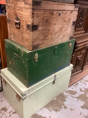 Lot 1413 - Old iron bound pine trunk, 81cm wide, 51cm deep, 48cm high, together with two green trunks (3)