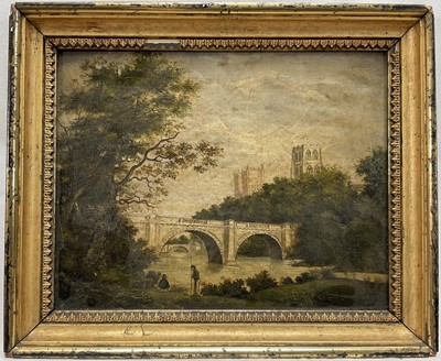 Lot 1032 - English School, 19th century, oil on canvas - landscape with bridge, 20cm x 25.5cm, in original gilt frame