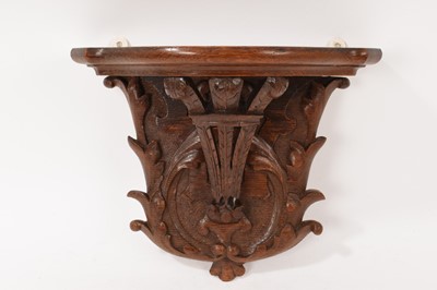Lot 728 - Edwardian carved oak wall bracket with Prince of Wales feathers, inscribed and dated 1902