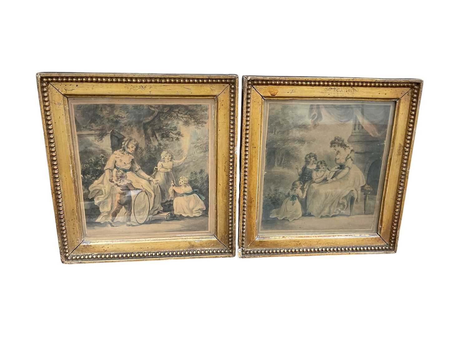 Lot 947 - Pair of 18th/19th century watercolours of a mother and children, in antique gilt frames, 16cm x 14.5cm