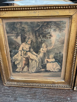 Lot 947 - Pair of 18th/19th century watercolours of a mother and children, in antique gilt frames, 16cm x 14.5cm