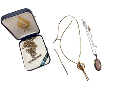 Lot 1175 - 9ct gold diamond set pendant necklace (broken), yellow metal chain with a silver mounted rose quartz pendant and a plated chain