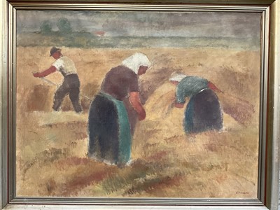 Lot 949 - Large early 20th century French School oil on canvas of gleaners, indistinctly signed, 114.5cm x 87.5cm