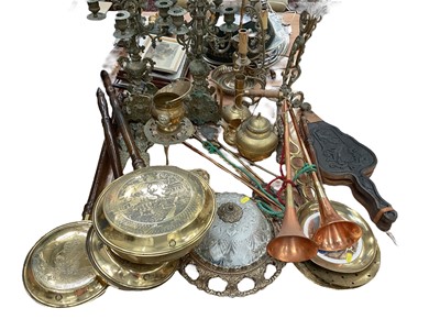 Lot 549 - Group of assorted brassware to include kettles, warming pans and candlesticks, (qty).