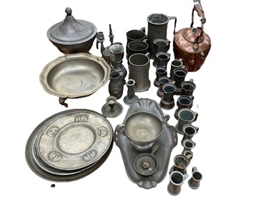 Lot 553 - Arts & Crafts pewter dish, pewter measures, copper kettle and other metalware items.