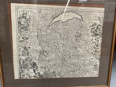 Lot 953 - Group of pictures, including an antique map of Savoy after Blaeu, an oil on canvas painting of a river in a wood, a set of four prints after Piranesi, etc