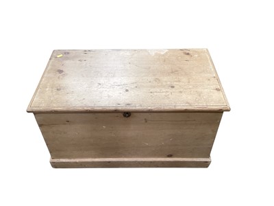 Lot 1431 - Victorian pine trunk, 75cm wide, 41cm deep, 40cm high, together with a Victorian mahogany bidet with ceramic liner and Edwardian hanging shelves (3)