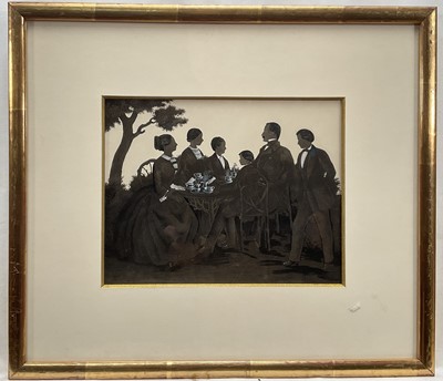 Lot 21 - 19th century Continental conversation piece, a family in profile, silhouette, 18cm x 23cm, in glazed gilt frame