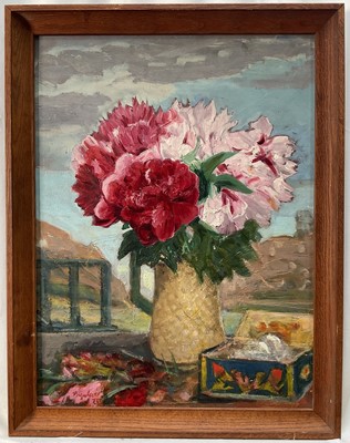 Lot 23 - Jean Negulesco (1900-1993) oil on board - Still life of Peonies in a landscape, signed and dated '71, artists stamp verso, 45cm x 60cm, framed