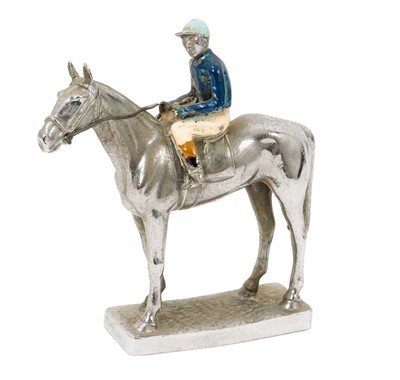 Lot Vintage chrome and enamel jockey and racehorse car mascot, 11.5cm high