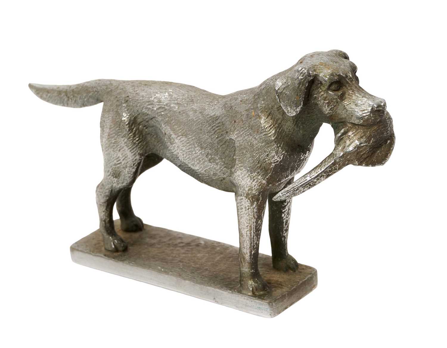 Lot 947 - Louis Lejeune chrome car mascot in the form of a Labrador and pheasant, 16.5cm long