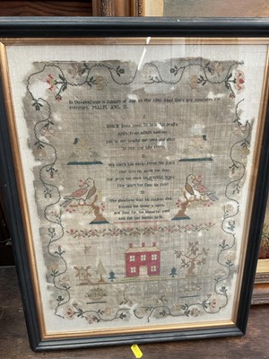 Lot 960 - Antique sampler with biblical verse, house and birds, named Harriet Barrow(?) and dated 1801(?)