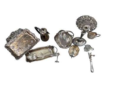 Lot 819 - Group of silver plate, including trays, candlesticks, teapots and other items.