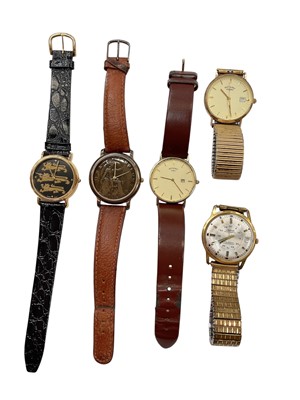 Lot 1183 - 9ct gold cased Rotary wristwatch on plated expandable bracelet, one other Rotary, vintage Jgeha automatic gold plated wristwatch and two other watches (5)