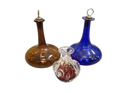 Lot 821 - Two coloured glass decanters with stoppers together with a Polish signed art vase